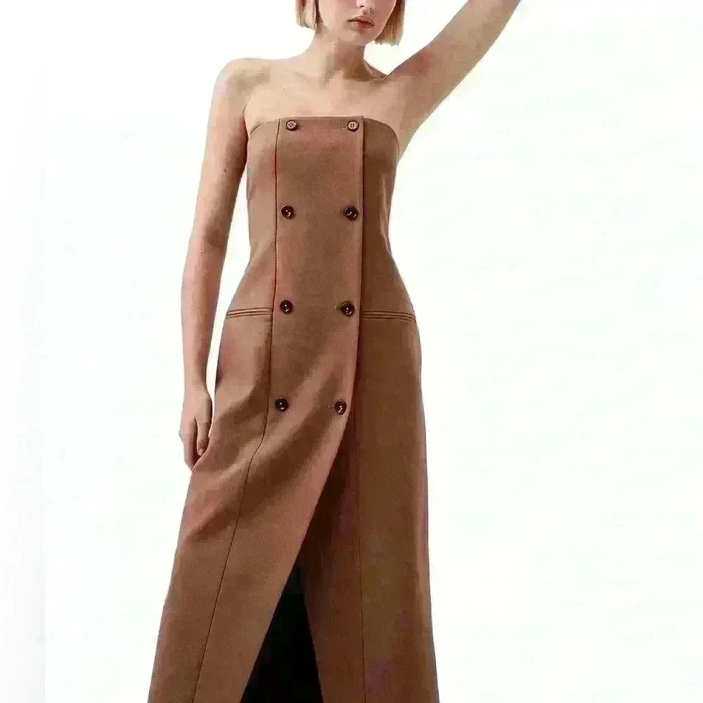 NEW! French Connection Azra Twill Strapless Neck Sleeveless Button Midi Dress - Picture 2 of 9